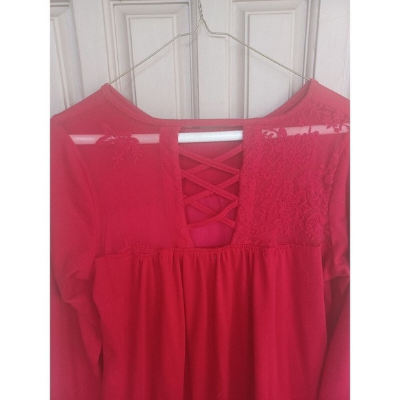 Unbranded Red Lace Overlay Pullover SzL Long Sleeves Criss Cross Back - Picture 3 of 7